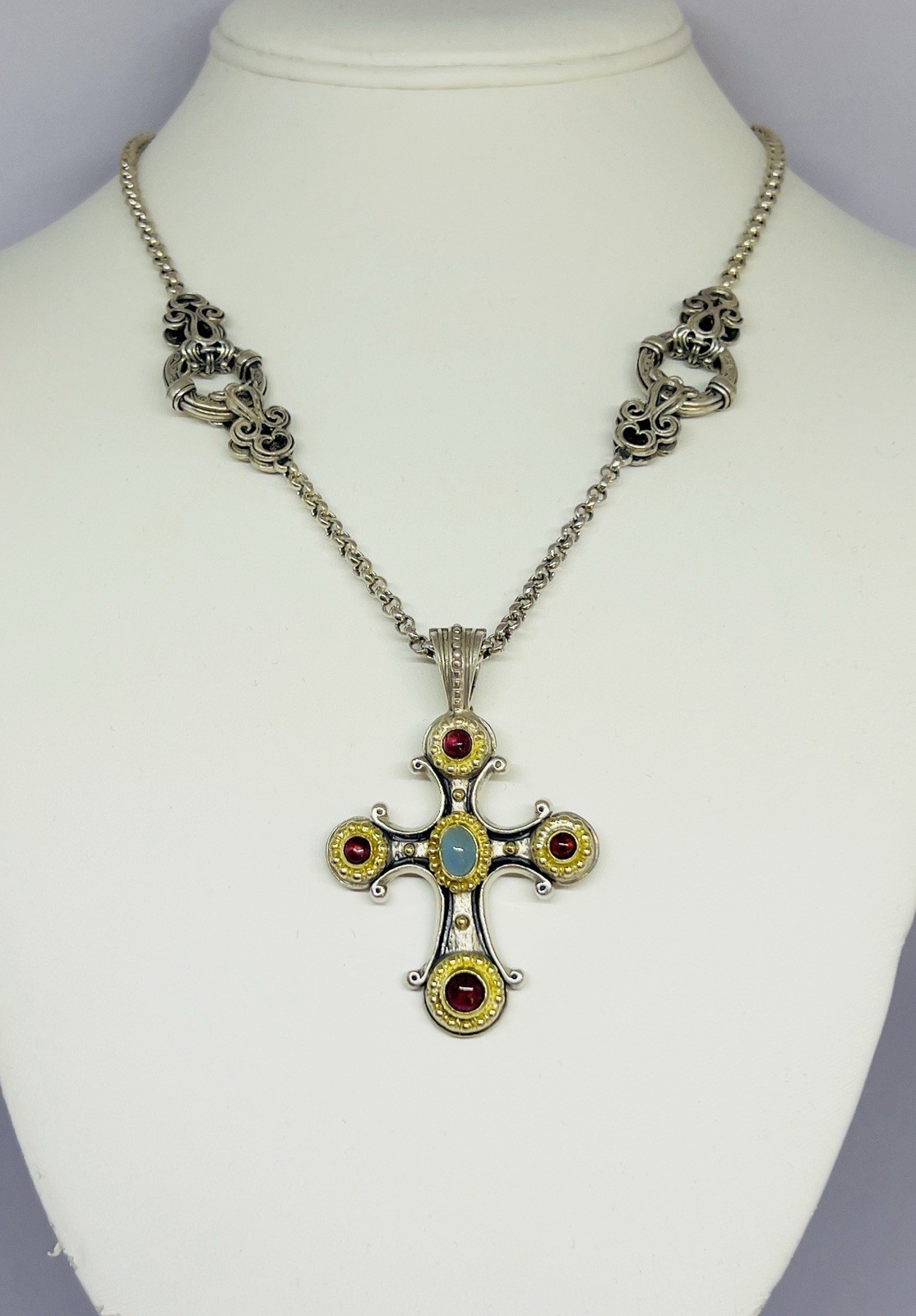 Konstantino 925 750 Aquamarine Pink Tourmaline Cross Pendant 18″ Toggle Chain