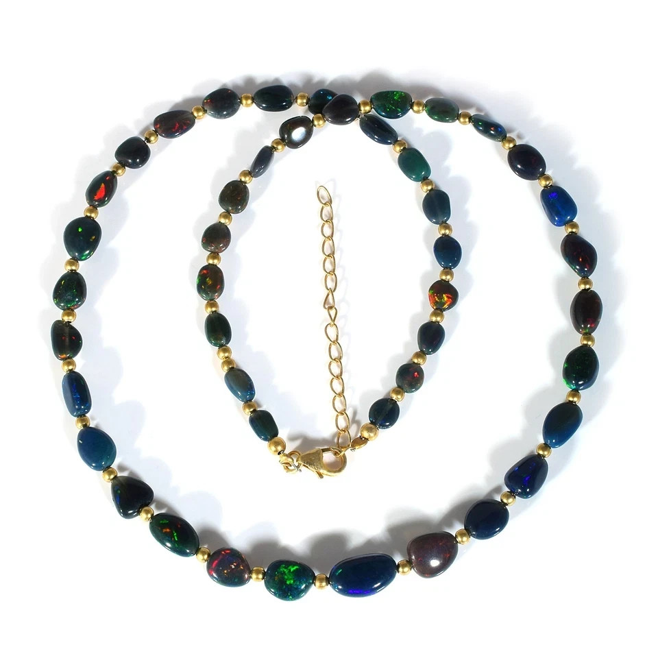 Natural Welo Fire Black Opal Tumble Beads Necklace 925 Silver Handcrafted Chain