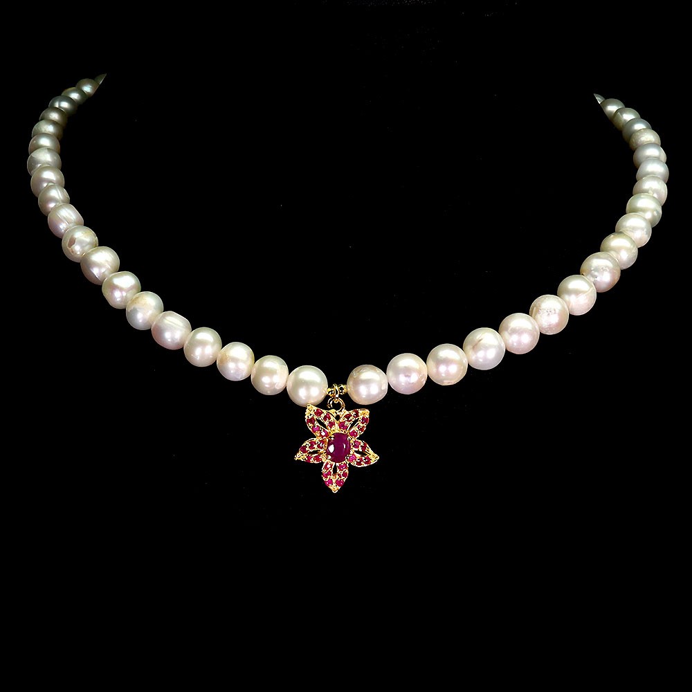 925 Sterling Silver Necklace Oval Ruby 6x5mm Pearl Gemstone Jewelry 17.5 Inches