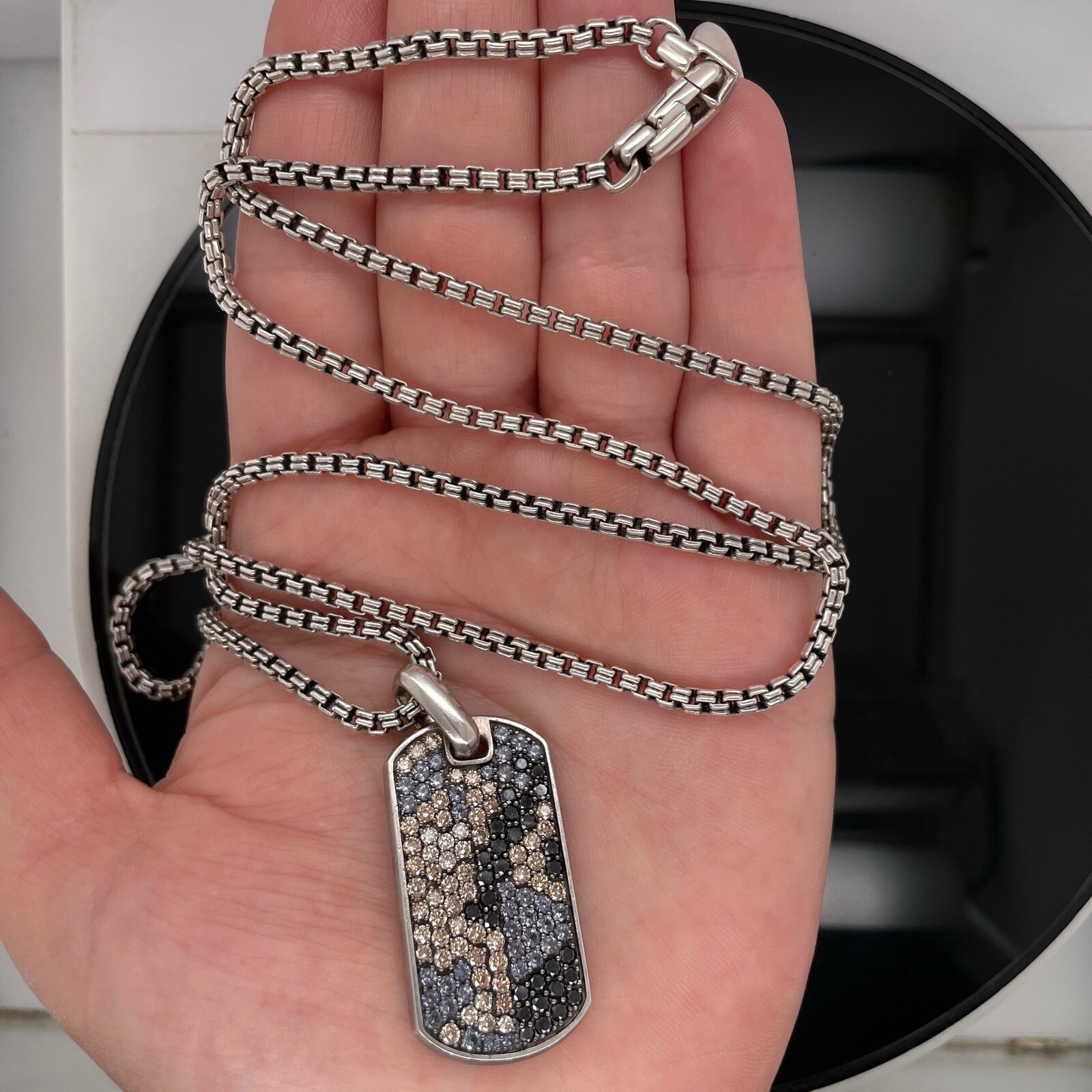 David Yurman Silver Diamonds & Garnets Chevron Tag Pendant Necklace $5000 Retail