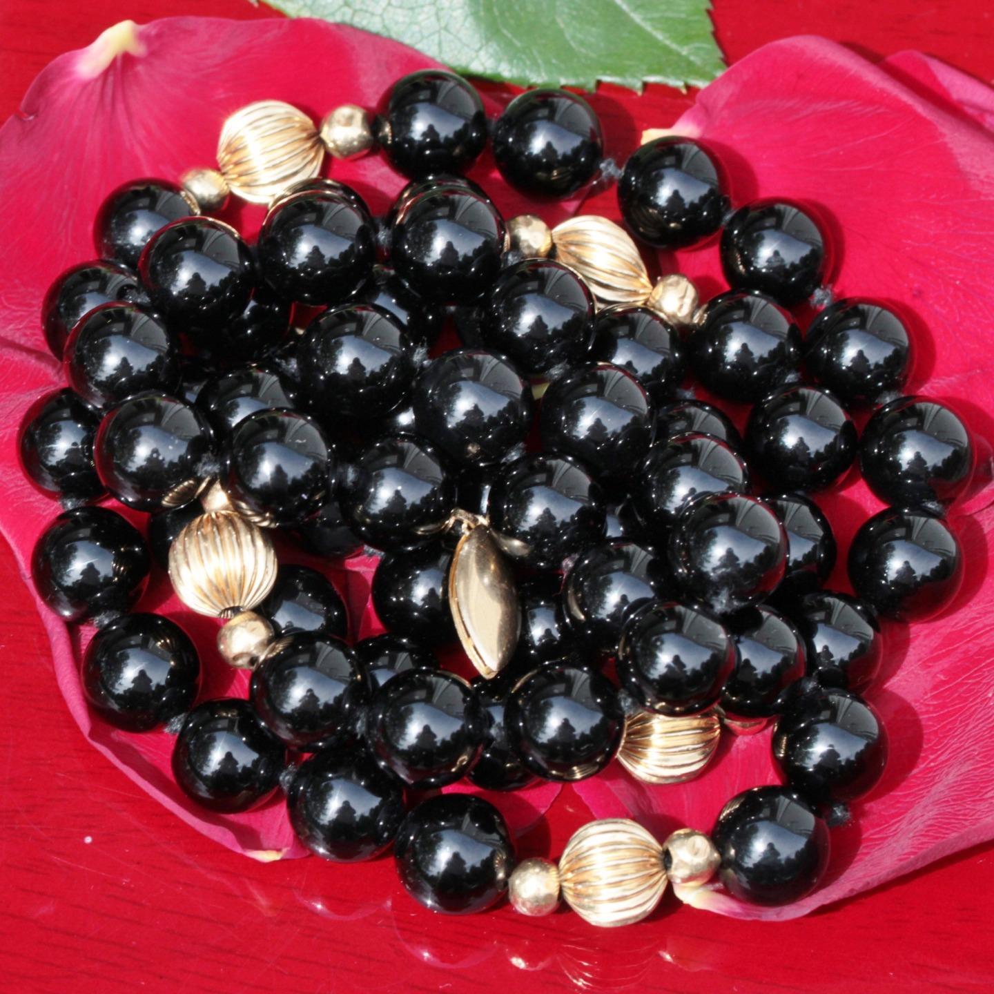 1920’s antique 14k yellow gold 32″ necklace 10.0mm black onyx gold bead 90.5gr