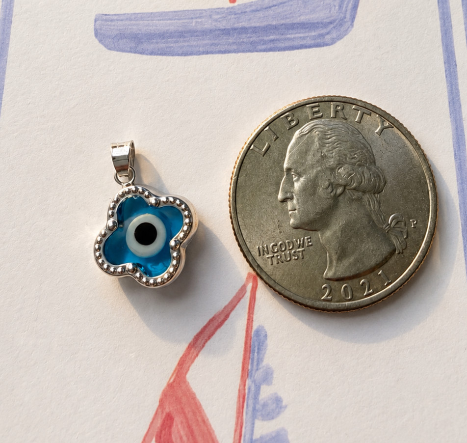Real 14K White Gold Evil Eye Clover Pendant Blue Glass Lucky Protection Charm