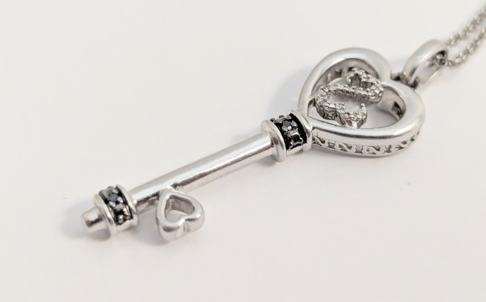 Sterling Silver Open Heart Black White Pave Diamond Key Necklace 20″