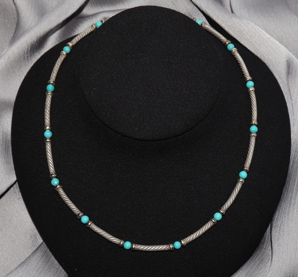 David Yurman 925 & 14k Turquoise Hampton Collar Necklace 19.3G / 15in