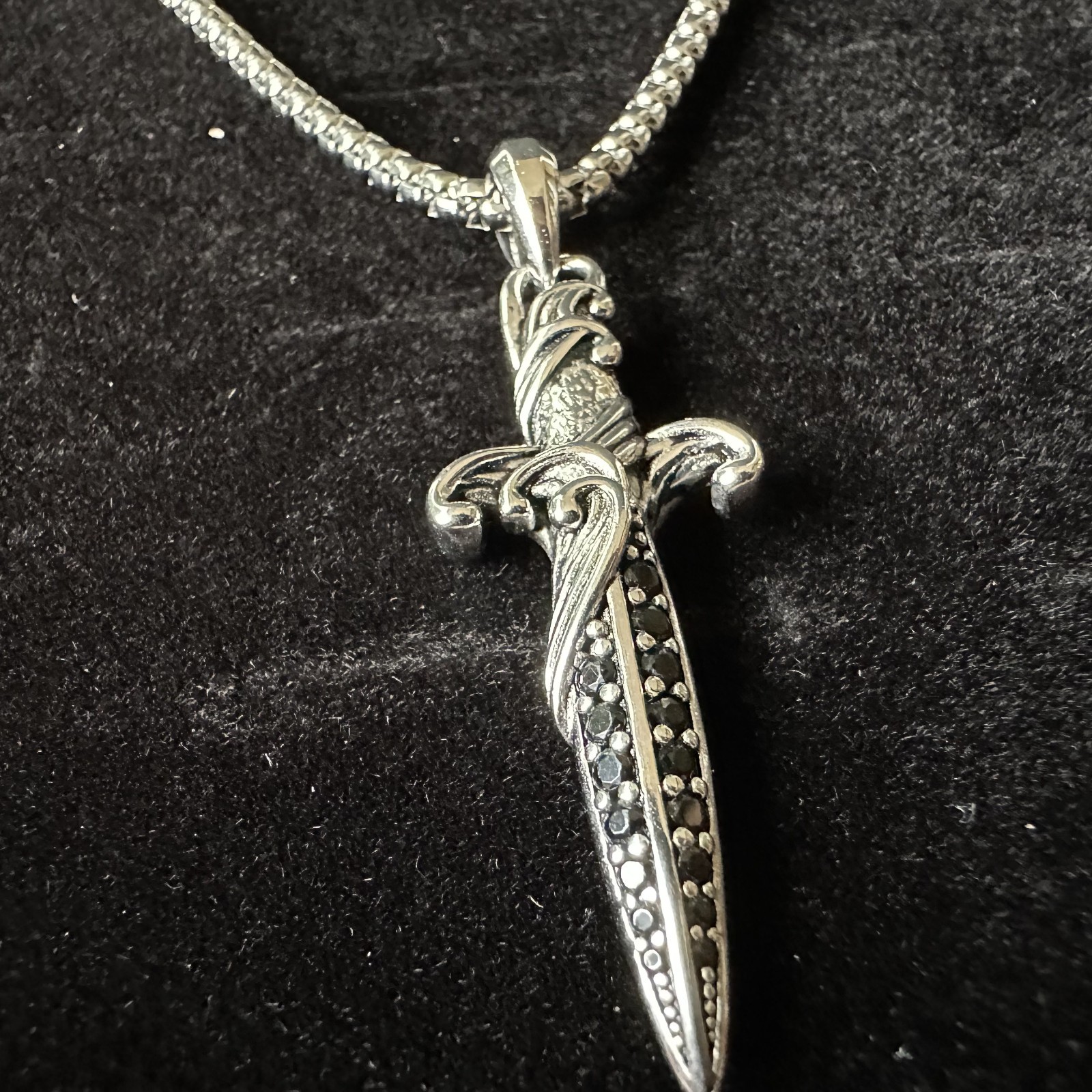 David Yurman 3mm Wave Dagger And 22in Box Chain W Dagger Pendant Black Diamond
