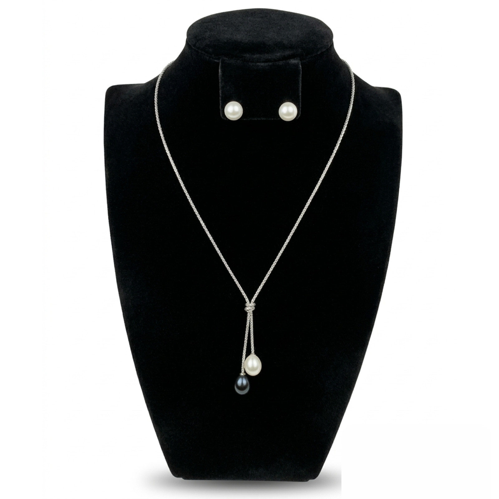 Teardrop Pearl Necklace & Stud Earrings Set White Black Silver Jewelry