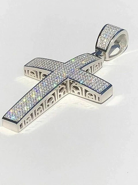 HarlemBling Solid 925 Sterling Silver Iced Cross Pendant – Men’s Iced Moissanite