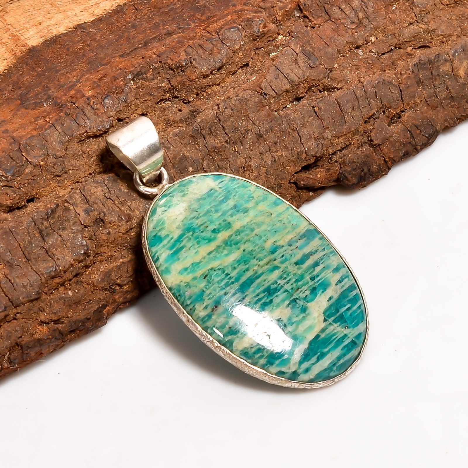 925 Sterling Silver Natural Amazonite Large Gemstone Pendant 1.9″ Trendy Jewelry