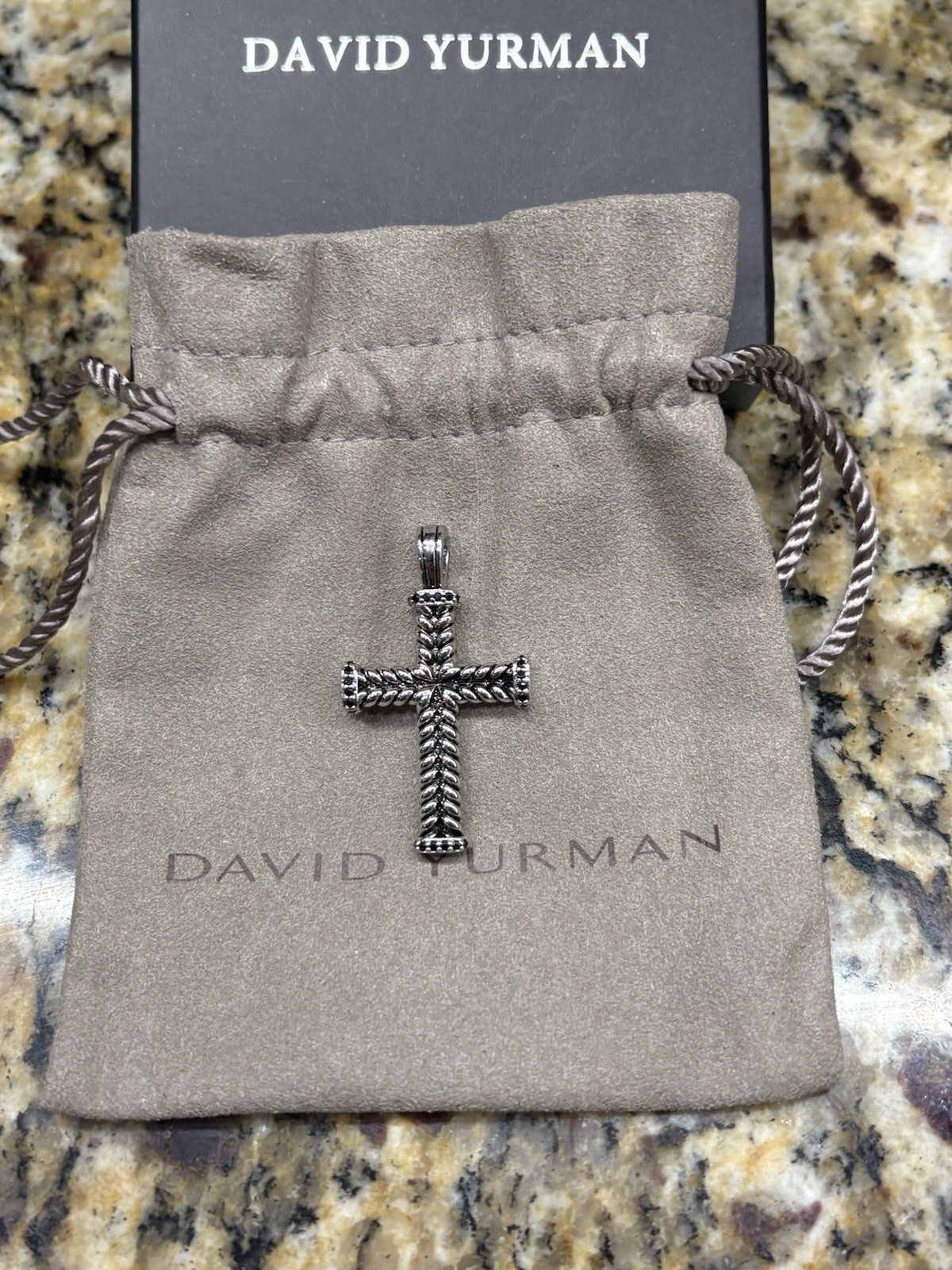 David Yurman Sterling Black Onyx Cross Pendant w/ Box 2MM Chain Necklace 19in