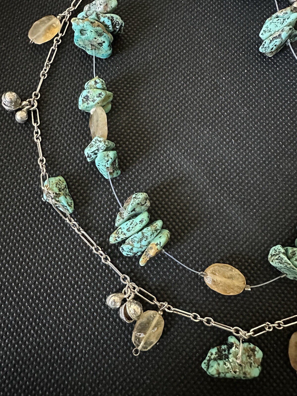 DOUBLE ROW STERLING PAPERCLIP CHAIN W/TURQUOISE NUGGETS & CITRINE NECKLACE