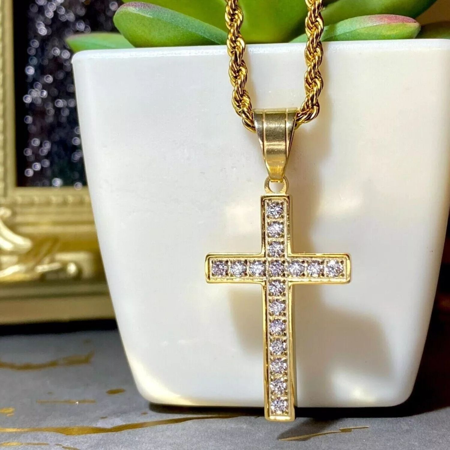 1Ct Round Cut Lab Grown Diamond Cross Unisex Pendant 14k Yellow Gold No Chain
