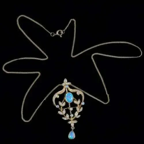 2CT Simulated Opal Oval Cut Floral Drop Art Deco Pendant 14K Yellow Gold Plated