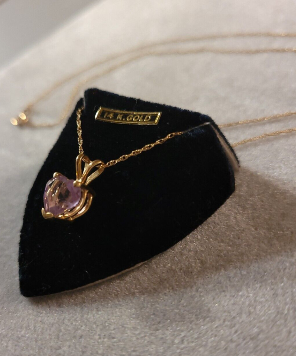14k Yellow Gold Heart Shaped AMETHYST Pendant w 18″ Rope Chain 2 Cts 1.81 grams
