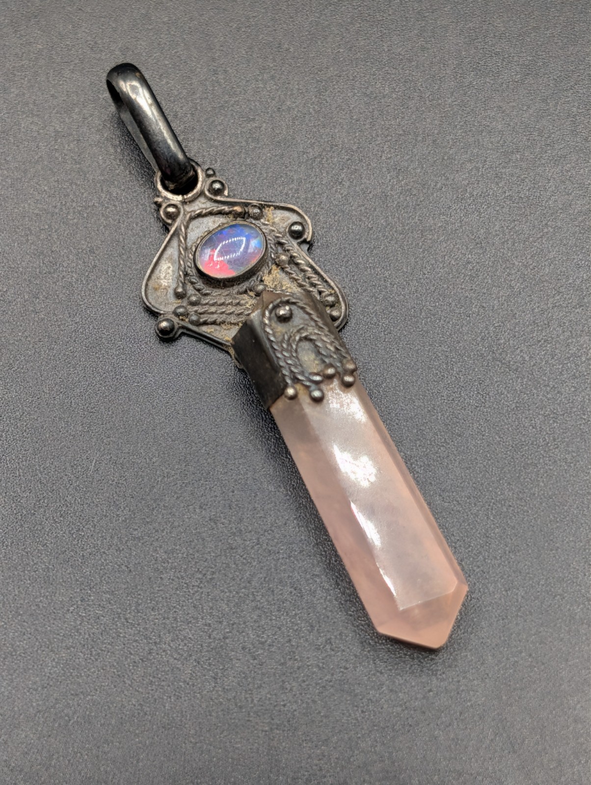 Unique Oxydised Sterling Silver Rose Quartz Point Ornate Pendant