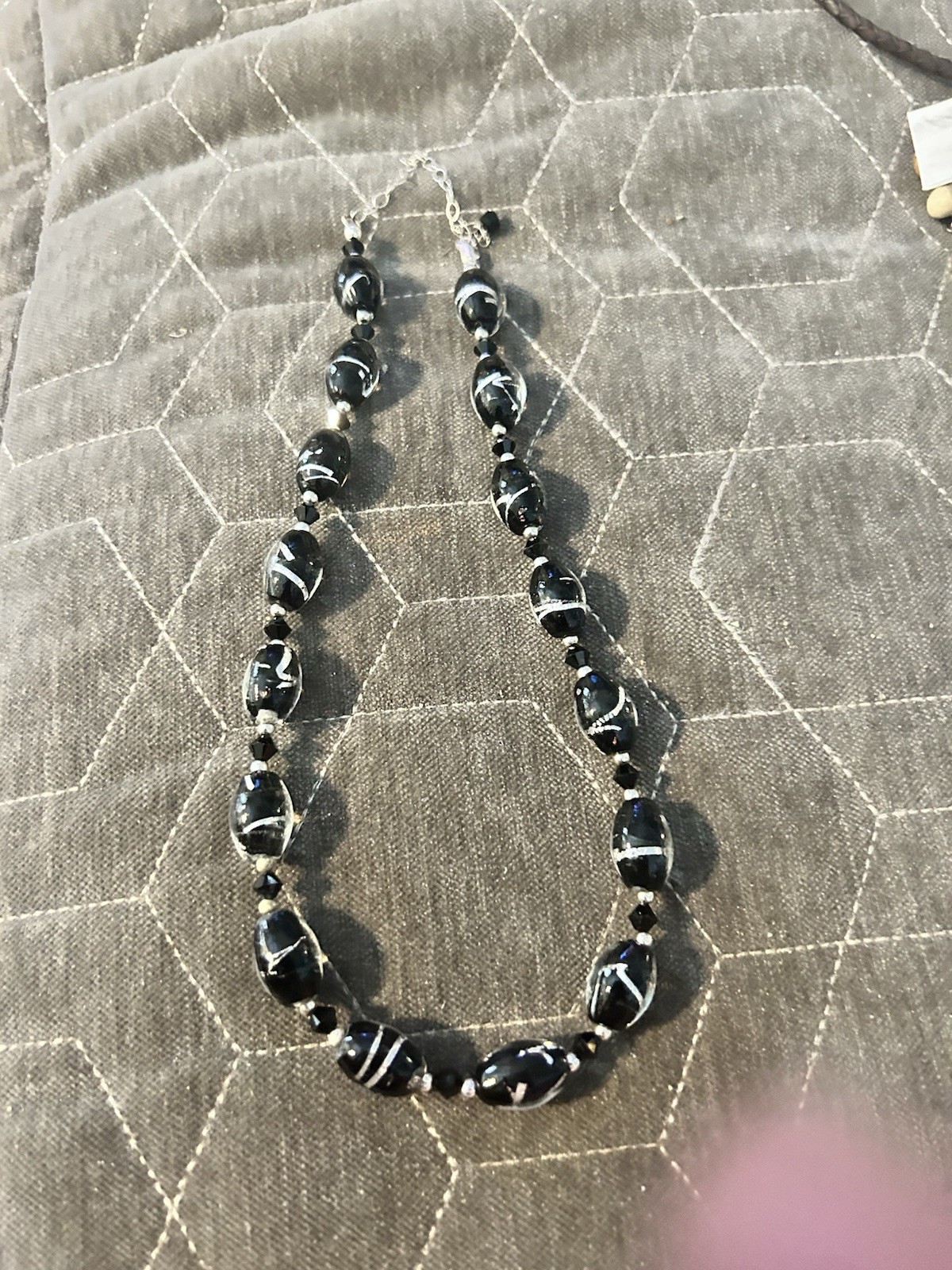 925 FAS Thai Black& Silver Glass Foil Beaded Necklace Sterling Silver 16-19”