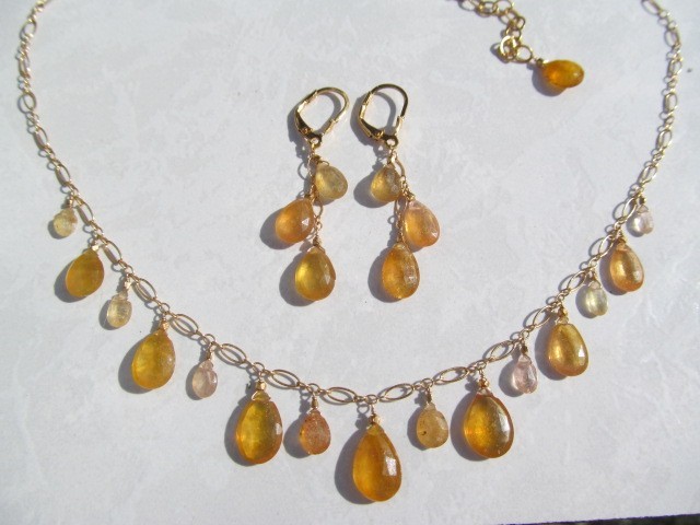 Sri Lanka Golden SAPPHIRE faceted briolette beads 14k Gold Filled Necklace set