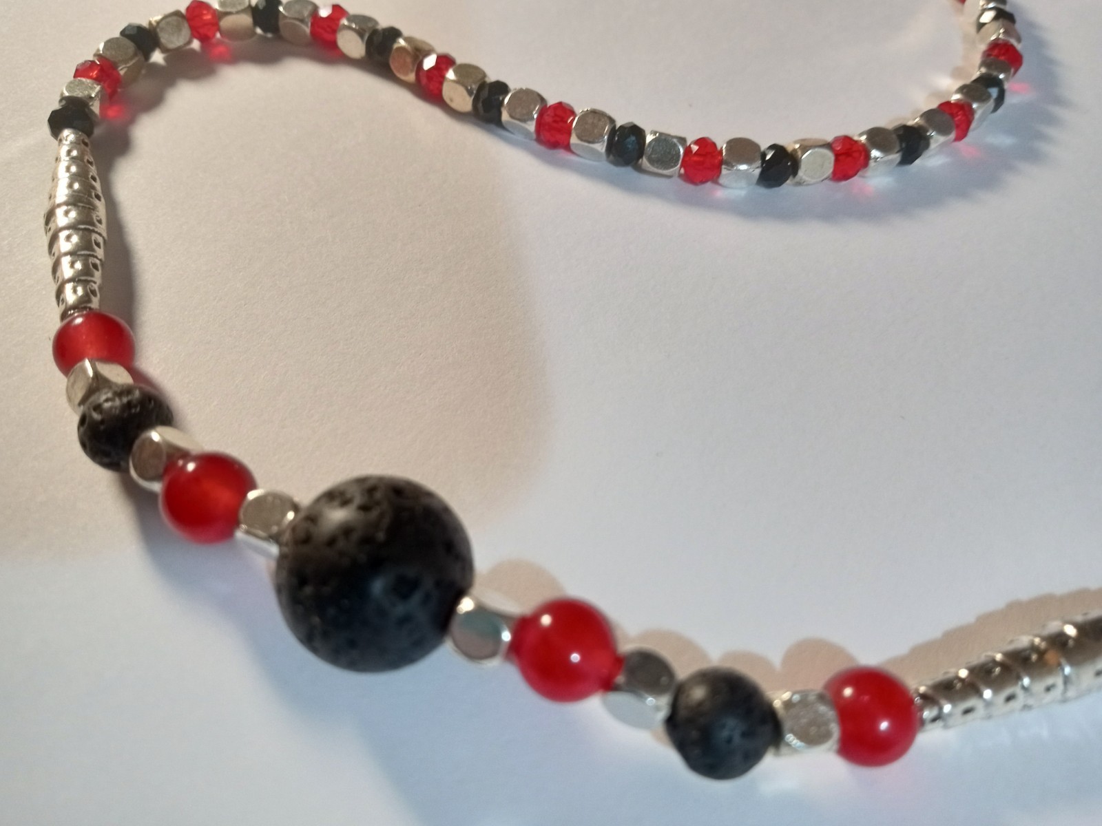 Beautiful Magic Necklace with Lava Stone, Red and Black Crystals and Silver