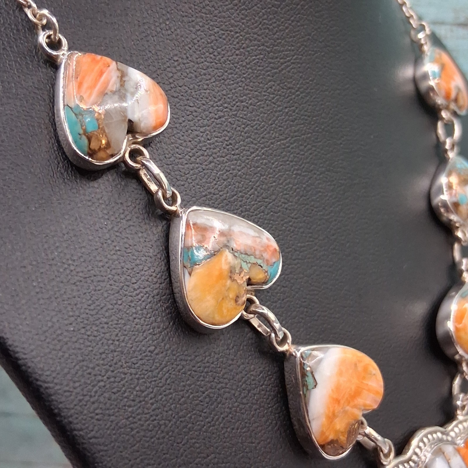 Southwestern Spiny Oyster Turquoise Necklace 19in Y Drop Design Sterling Silver