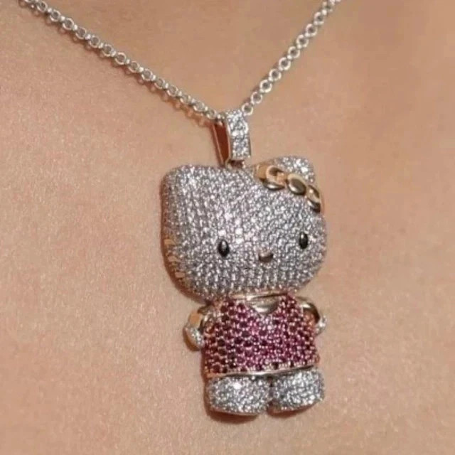 2.60Ct Round Cut Real Moissanite Hello Kitty Pendant 14K Yellow Gold Plated