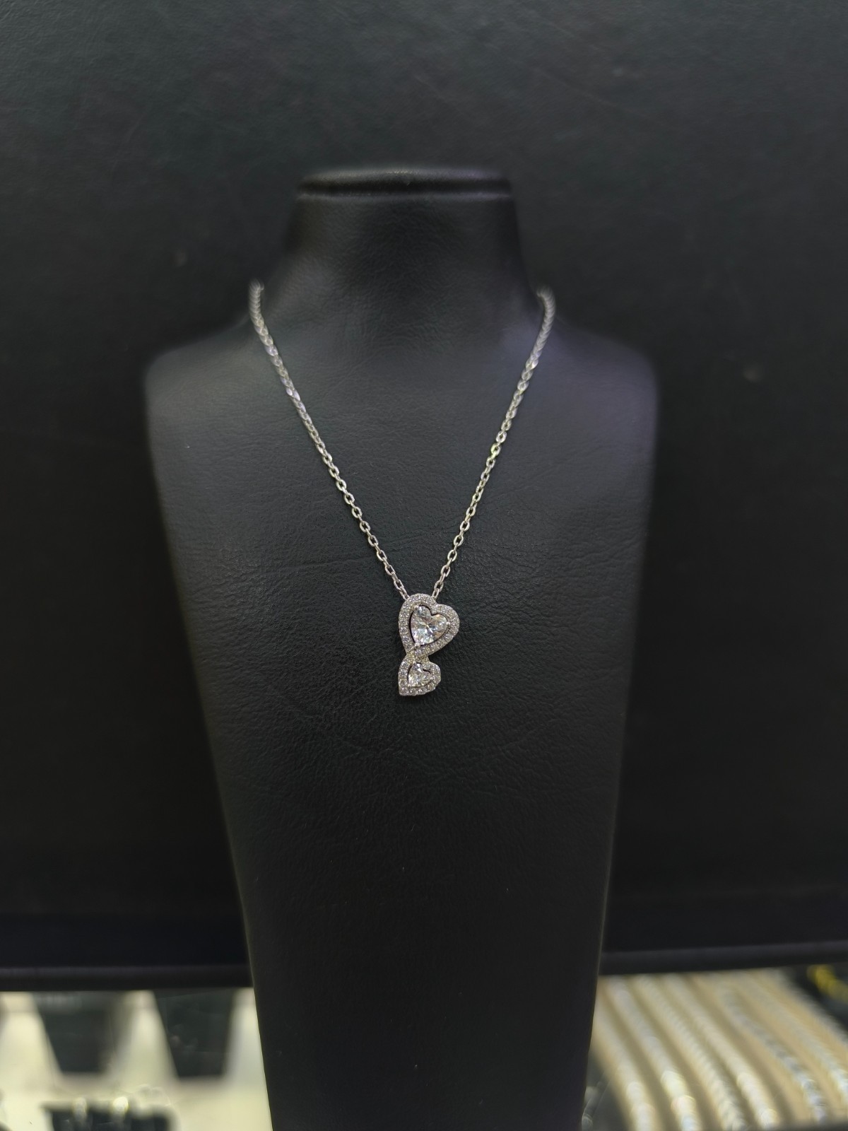 Sterling Silver 925 CZ Double Heart Pendant Necklace Halo Design