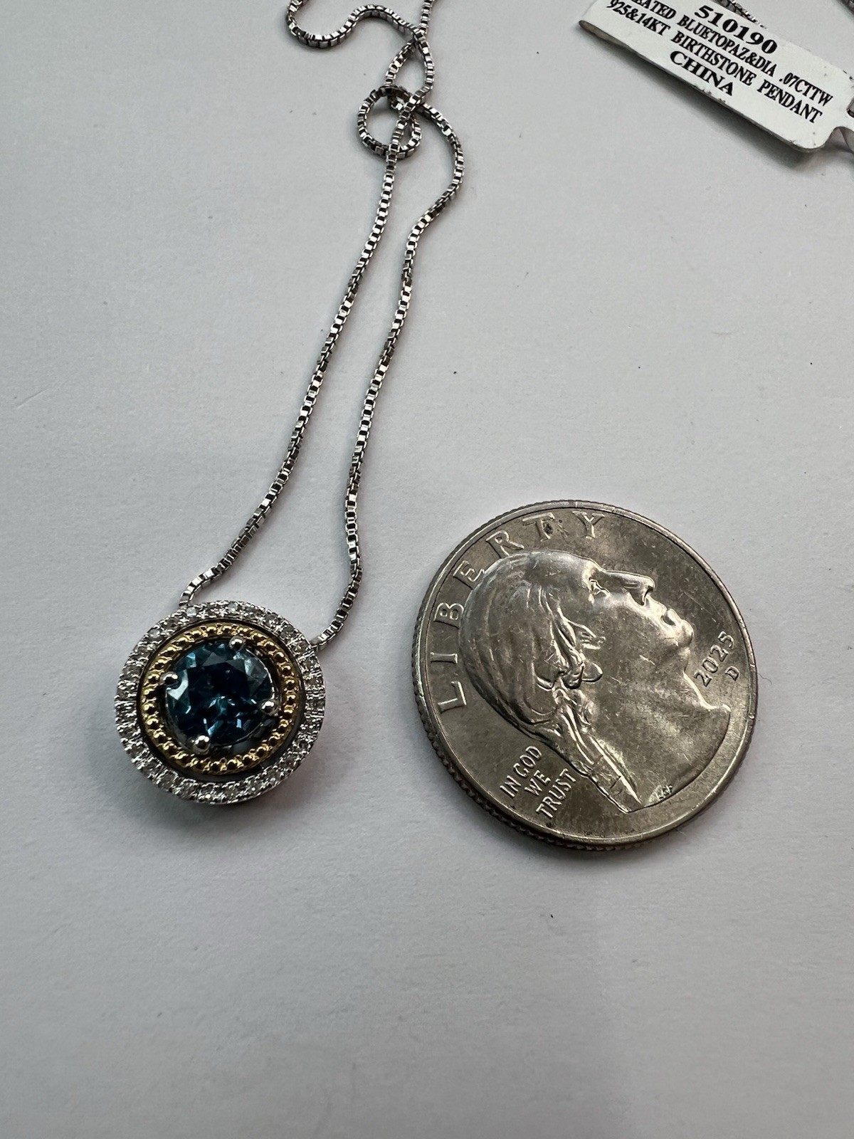 Blue Topaz Diamond Halo Pendant Necklace 925 Sterling Silver And 14K Gold NWT