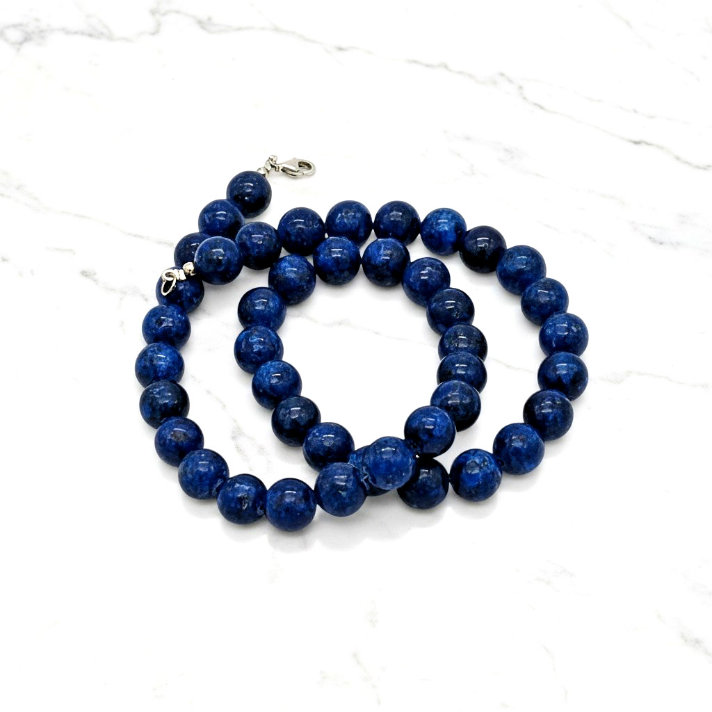 Natural Lapis Lazuli 18″ Beaded Necklace 925 Sterling Silver Lobster Clasp