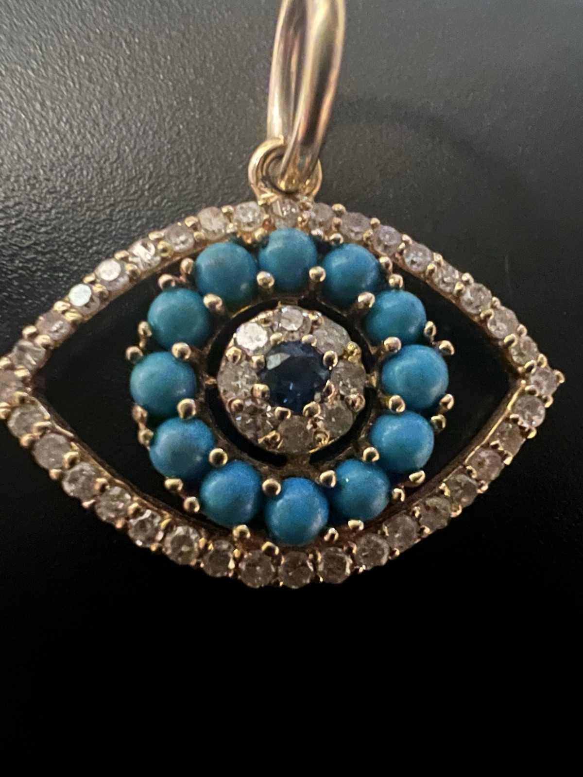 14k Gold Diamond Turquoise With Sapphire Evil Eye Charm