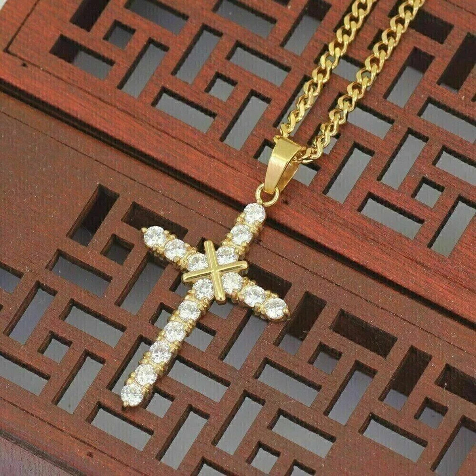 2.50 Ct Round Cut Lab Created Diamond Cross Fancy Pendant 14K Yellow Gold Plated