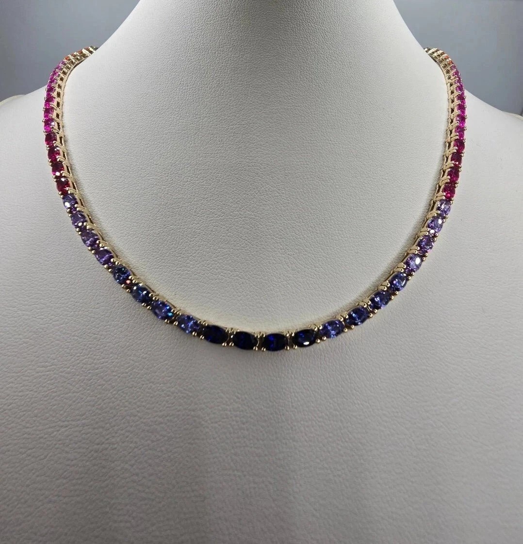 18 CT Lab-Created Rainbow Sapphire 14K Yellow Gold Over Tennis Women’s Necklace