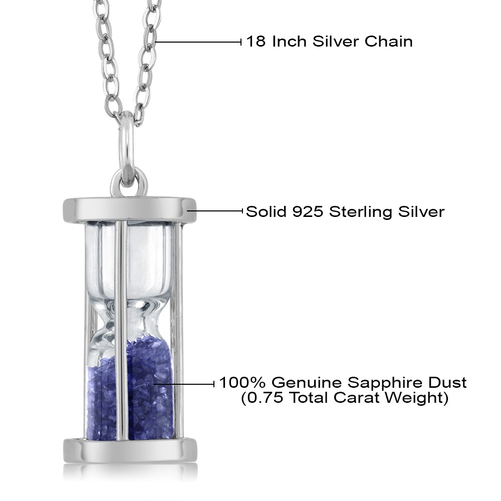 925 Sterling Silver Diffused Sapphire Dust Hourglass Pendant Necklace 0.75 Cttw