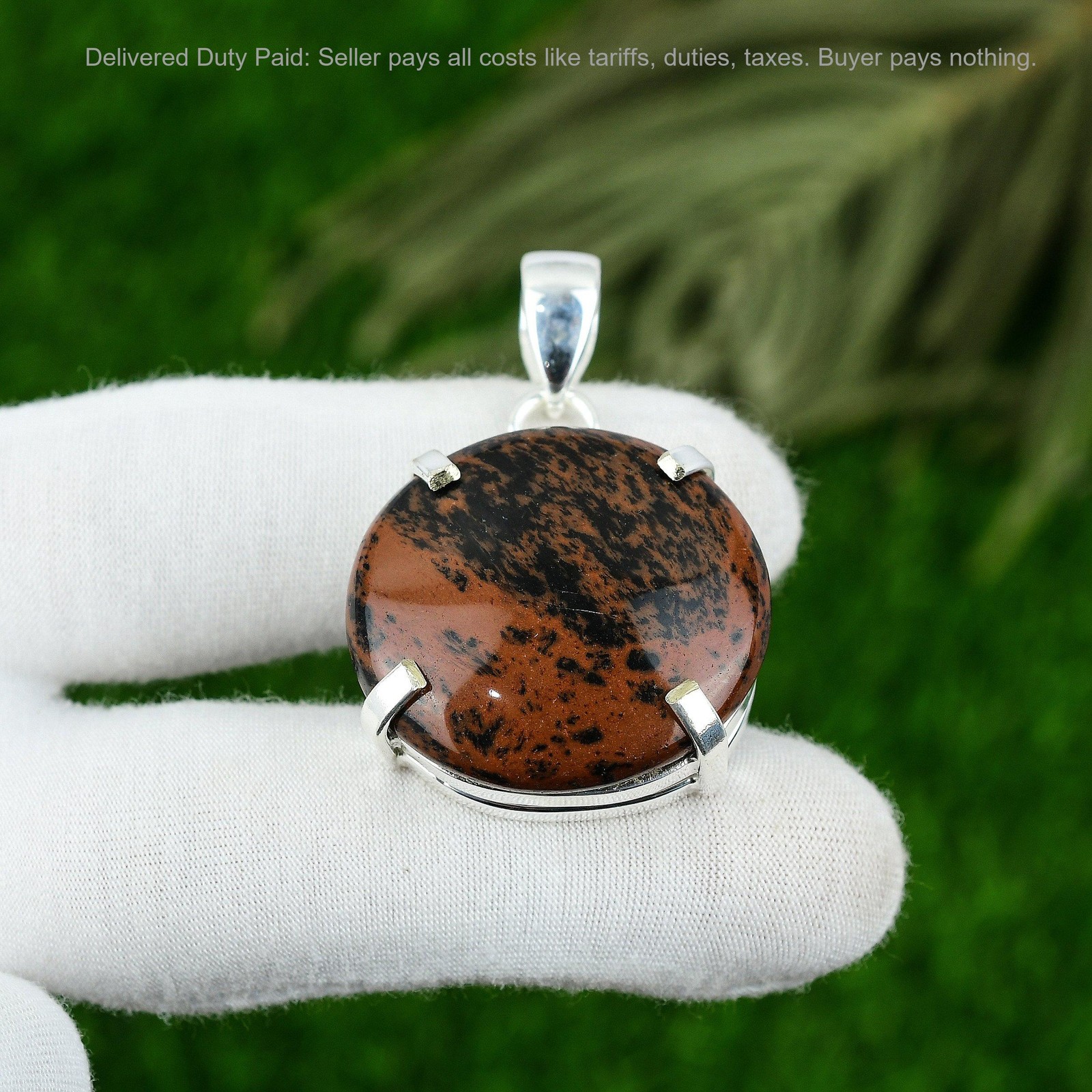 Sterling Silver Round Mahogany Obsidian Stone Anniversary Birthday Bezel Pendant