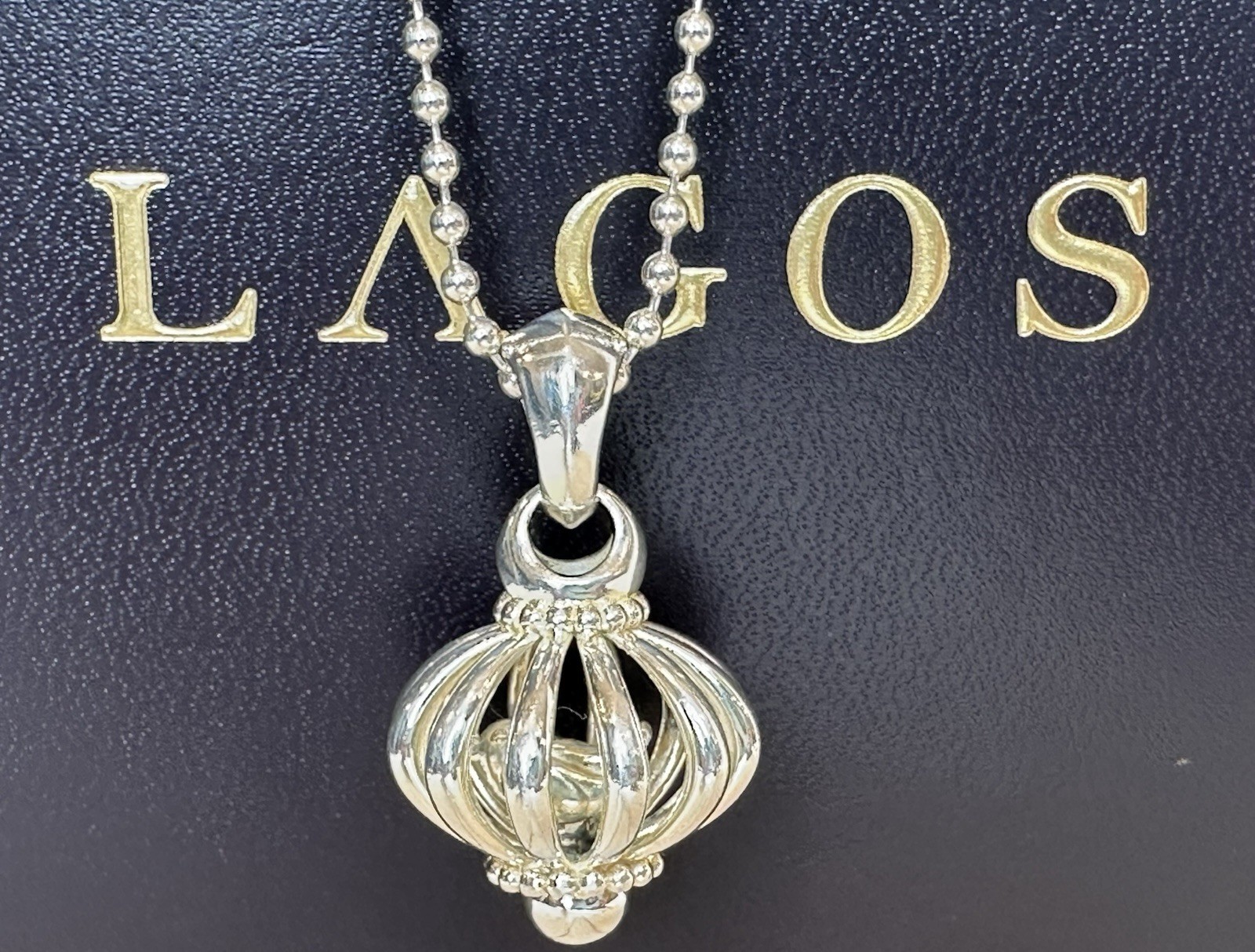 LAGOS 925 Sterling Silver Birdcage Pendant Ball 34″ Beaded Necklace w/ Gift Box