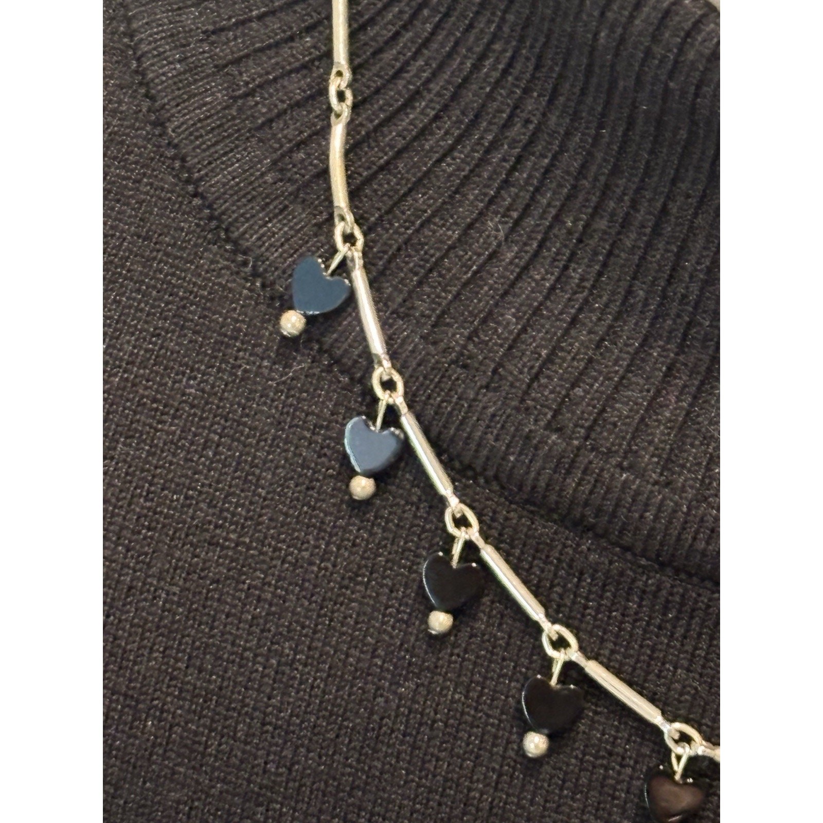 Sterling Silver 17” Bar Link Necklace With Black Heart Dangles 925
