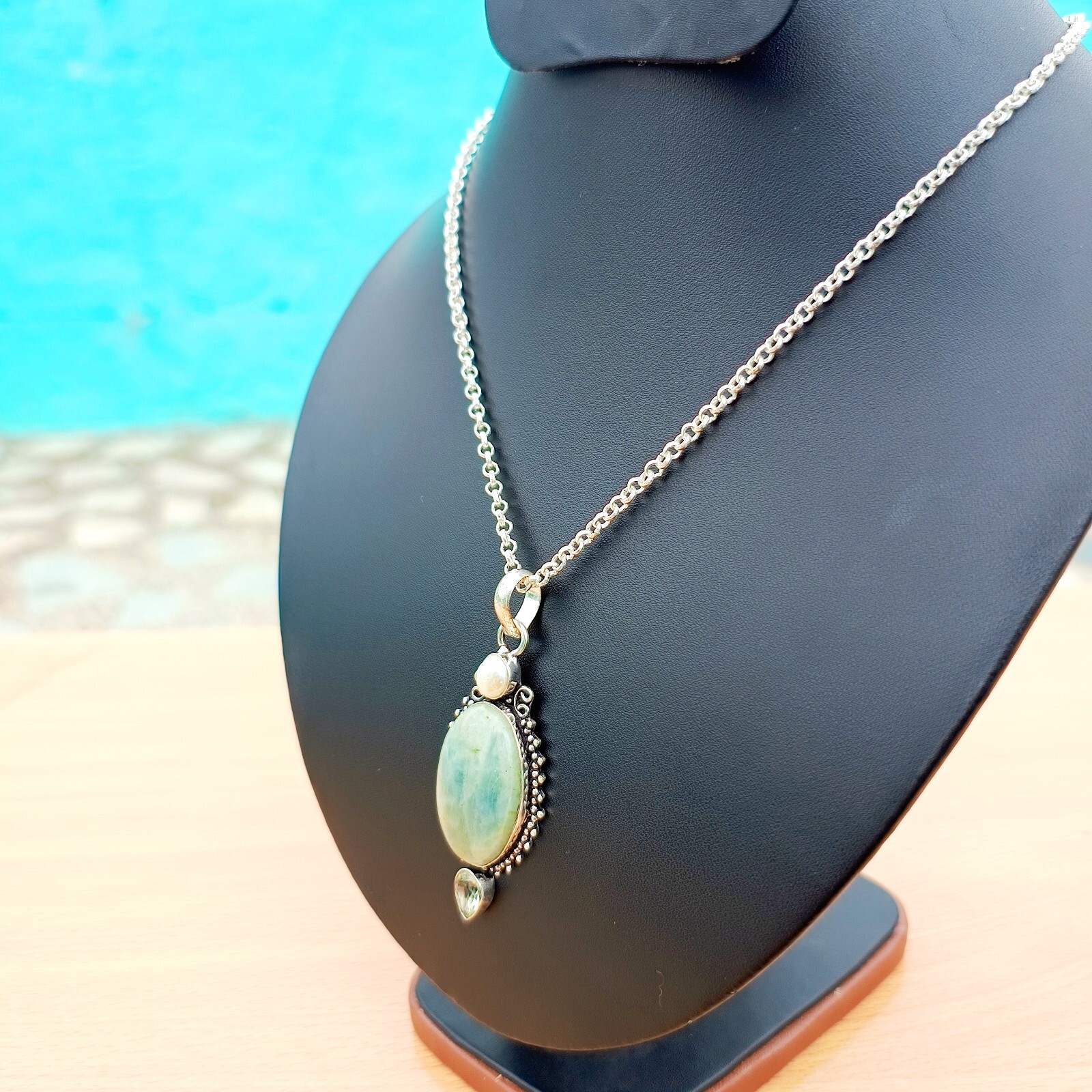 Amazonite With Pearl Gemstone Pendant 925 Sterling Silver Handmade Jewelry