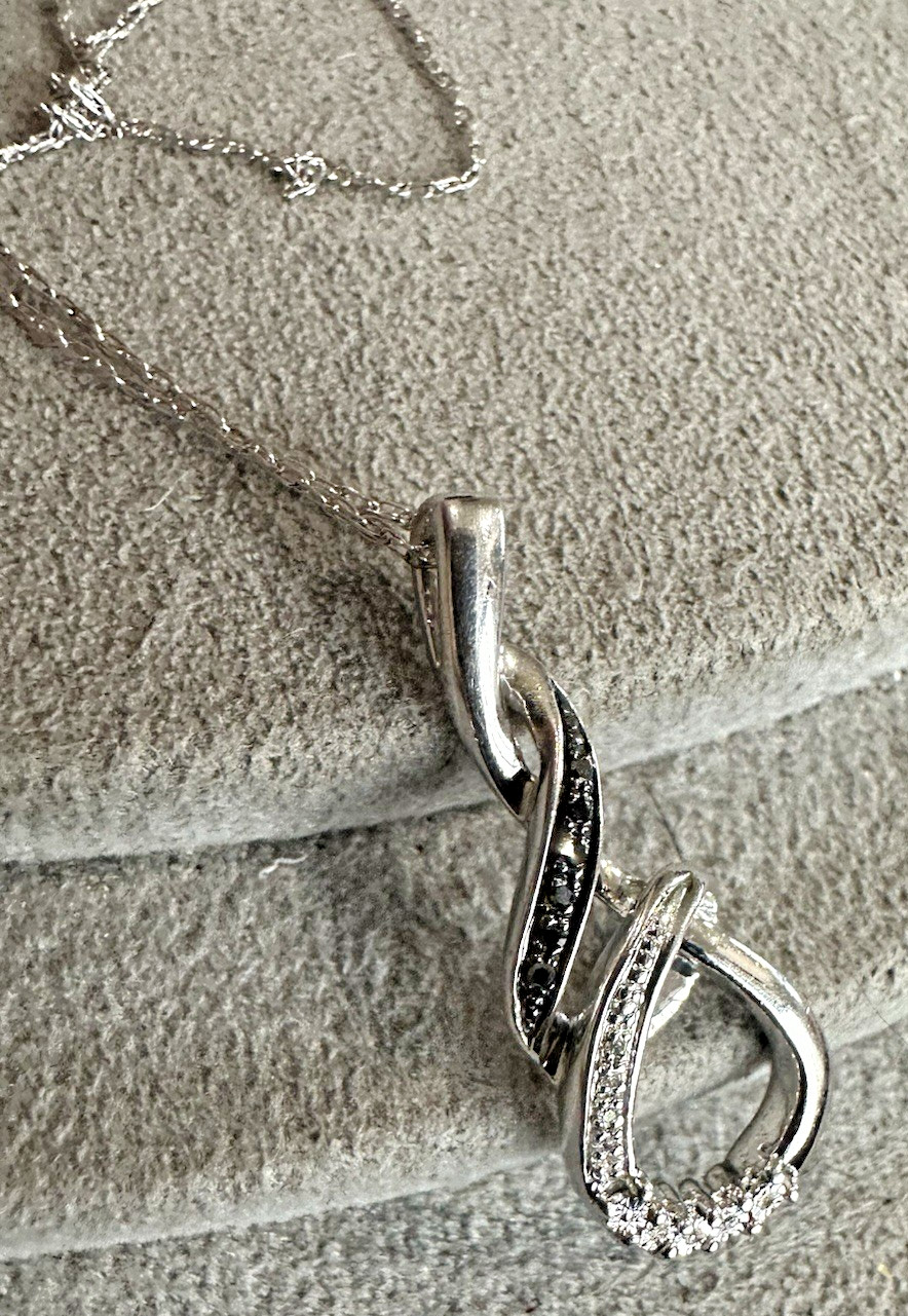 Sterling Silver Black White Diamond Infinity Pendant Necklace 20″