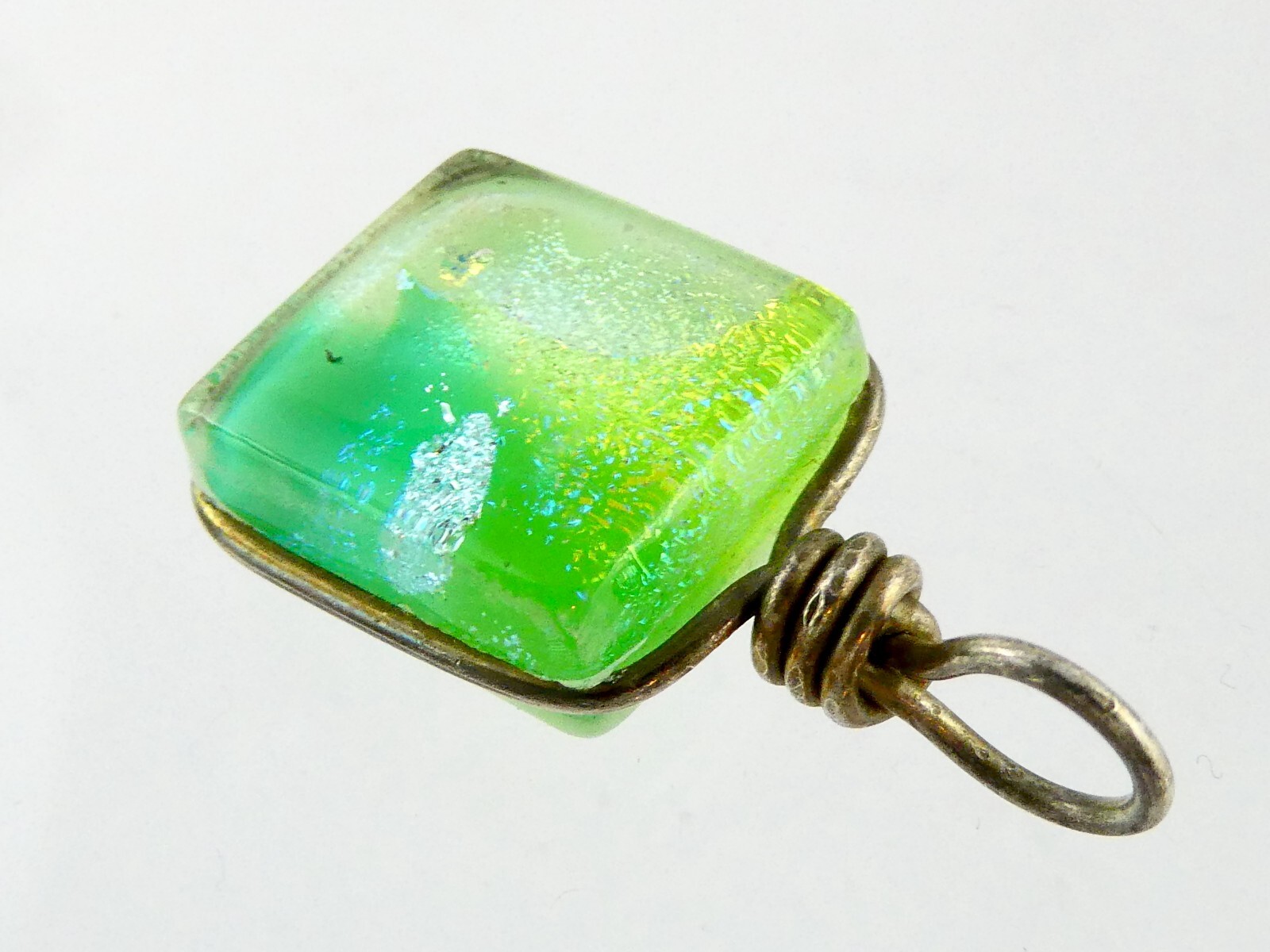 Unmarked Sterling Silver Green Dichroic Glass Wire Wrapped Pendant 8.8g 1 3/8 In