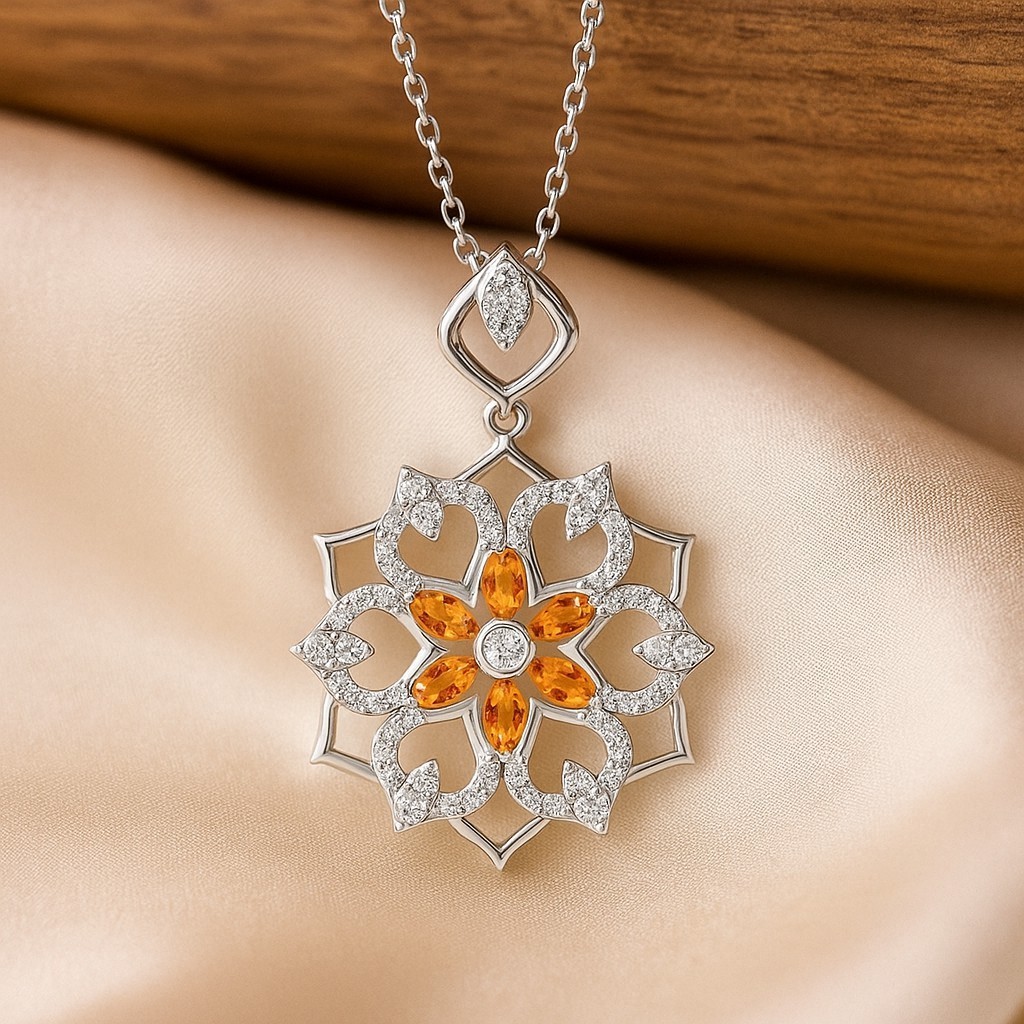 Citrine & Diamond Floral Pendant Sterling Silver Necklace November Birth #1044