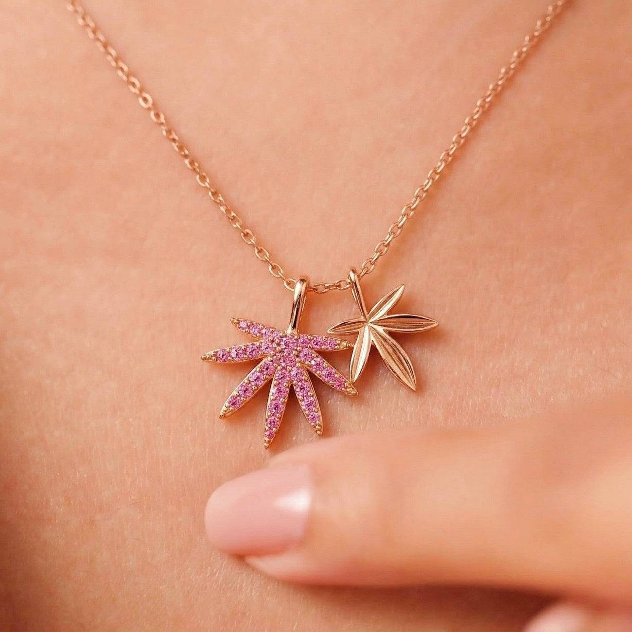 925 Sterling Silver 14K Rose Gold Plated Pink Double Leaf Charm Necklace Her