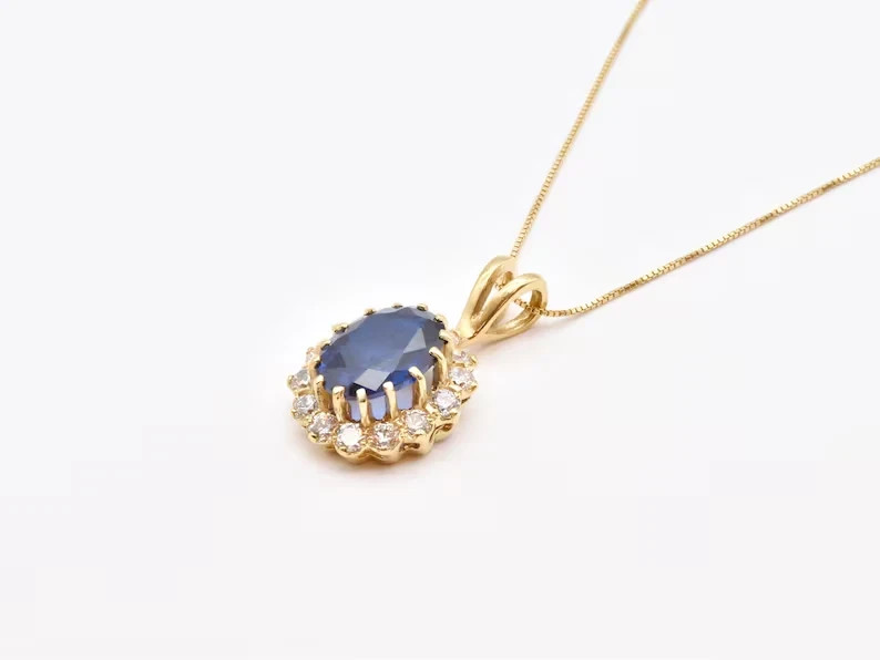 2.50Ct Natural Oval Cut Blue Sapphire Women’s Pendant 18” Chain 14k Yellow Gold