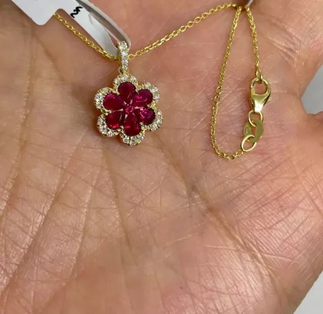 1.10Ct Pear Cut Lab-Created Ruby Flower Pendant 14K Yellow Gold Plated 18″ Chain