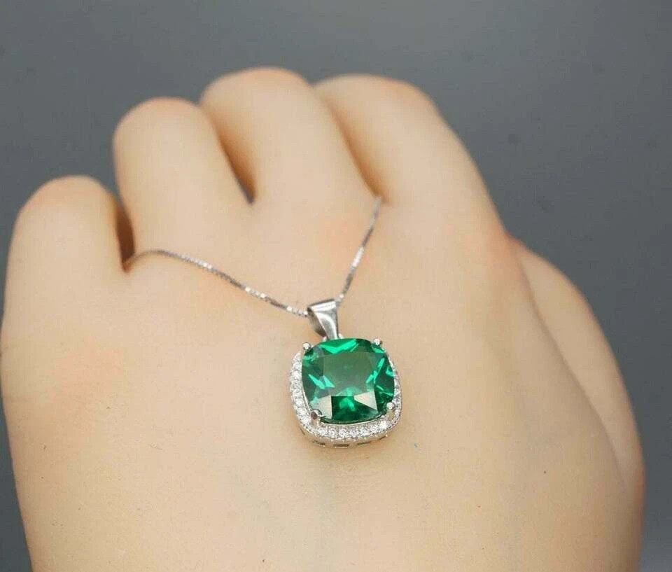 2Ct Cushion Cut Green Emerald Diamond Halo Pendant 14K White Gold GP Free Chain