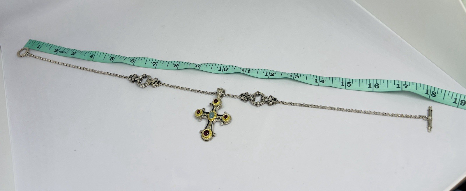 Konstantino 925 750 Aquamarine Pink Tourmaline Cross Pendant 18″ Toggle Chain