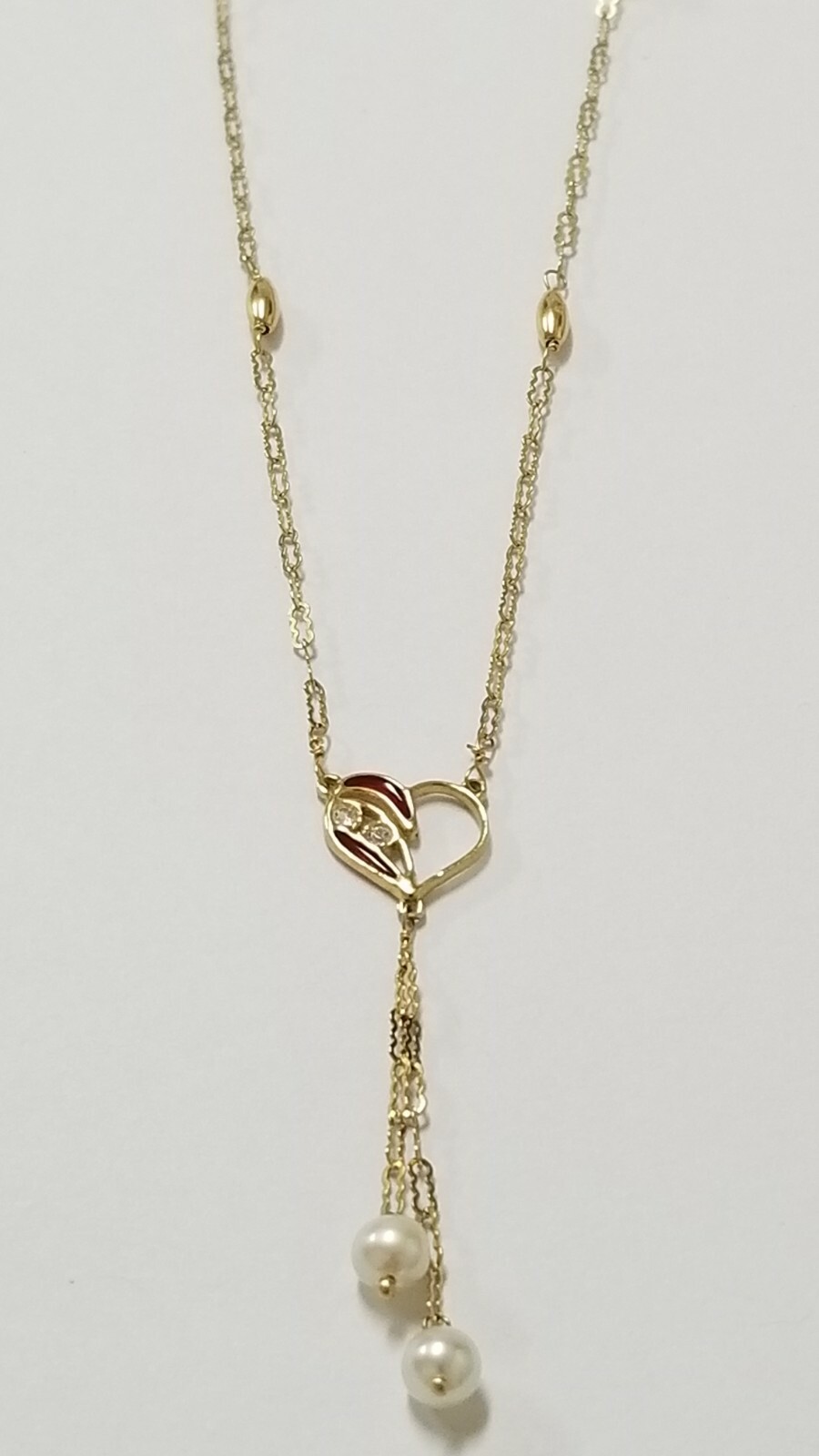 Heart Lariat Necklace With Pearls, 14k Yellow Gold Red Enamel, CZ’S, 16″ Long