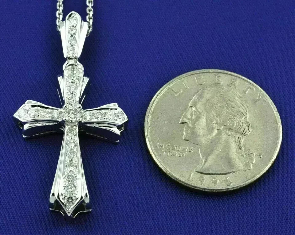 1.00ct Round Cut Diamond Cross Pendant Necklace 14k White Gold Finish For Womens