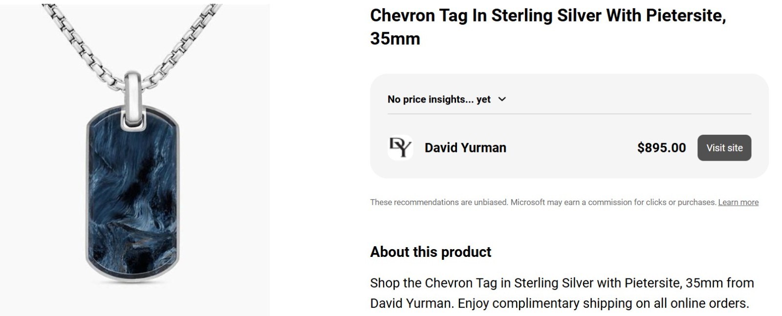 David Yurman sterling silver amulet with beautiful Blue Pietersite stone