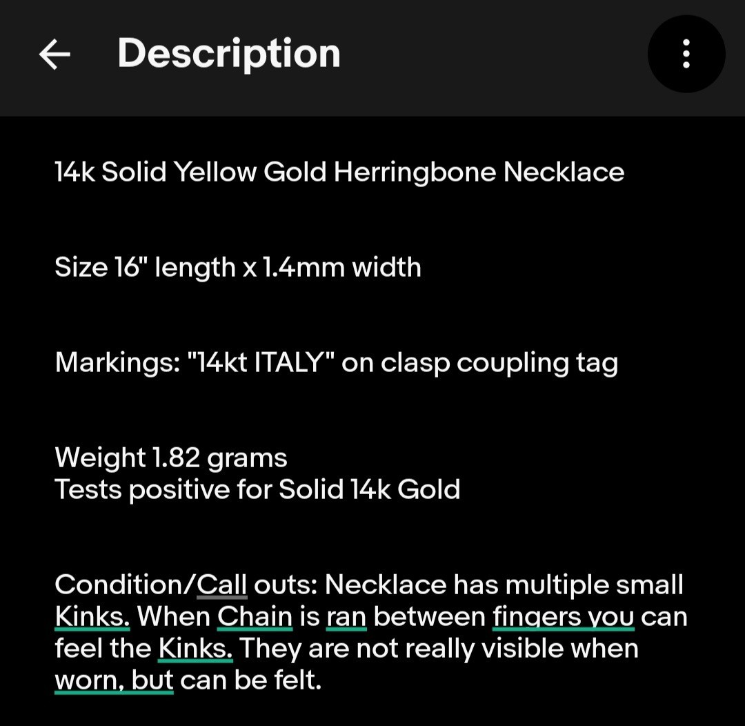 14k Solid Yellow Gold Herringbone Necklace 16″ x 1.4mm Italy Signed Kinks 1.82gr