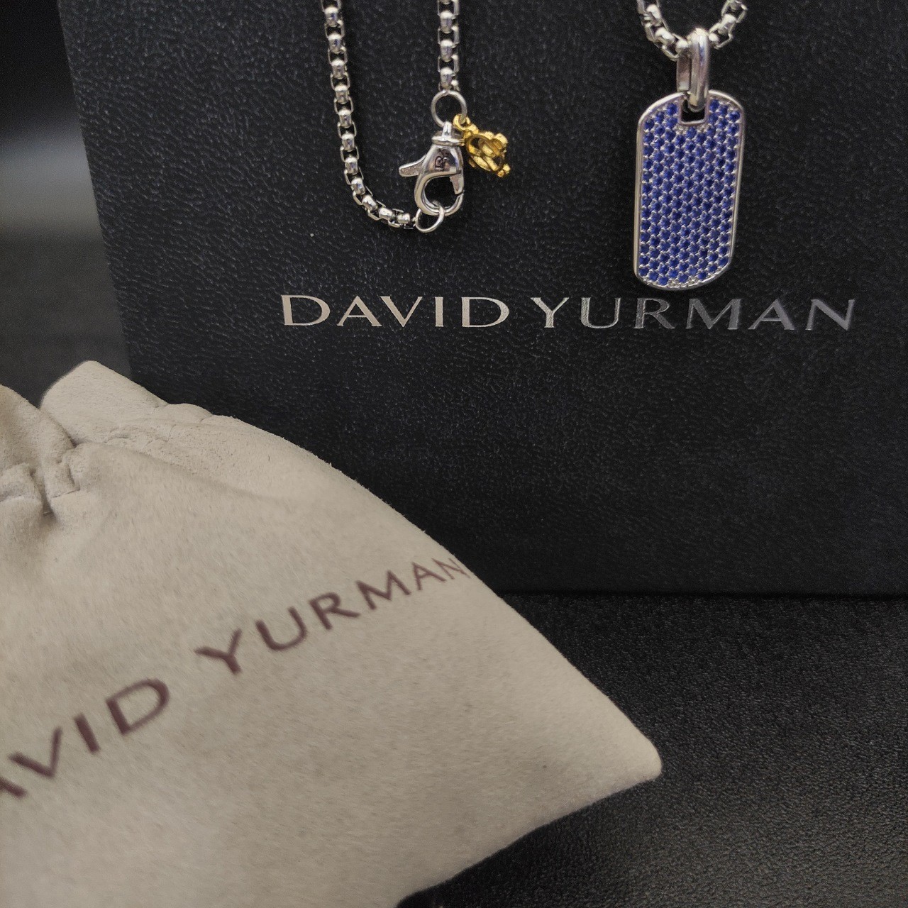 David Yurman Chevron Dog Tag Sterling Silver with Sapphires 3mm Necklace 21in