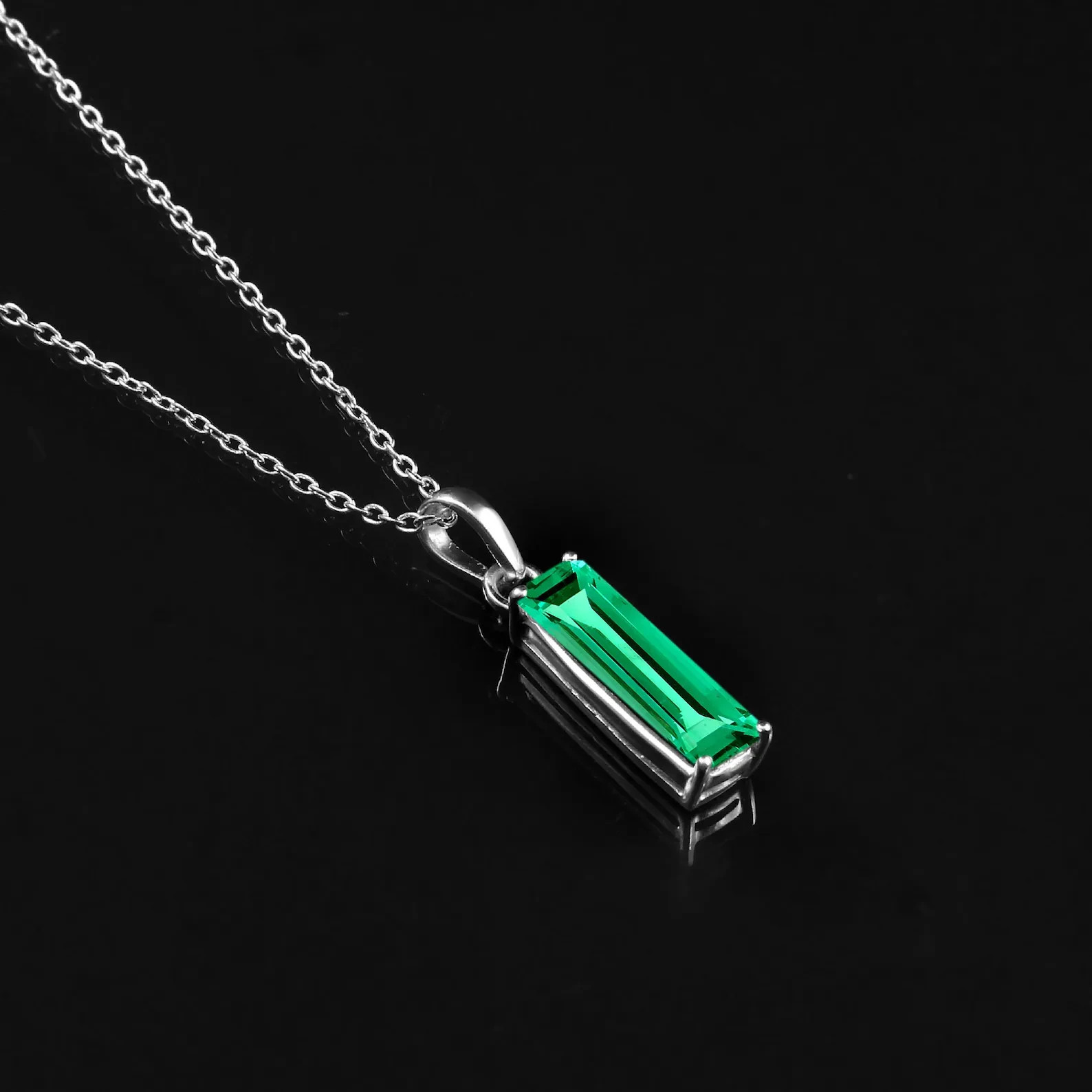 Emerald Baguette Cut Pendant Sterling Silver Necklace For man Women