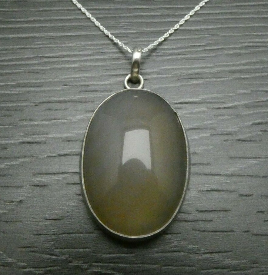 Vintage Sterling Silver Larger Oval Opaque Yellow Pendant Rope Necklace 18 inch