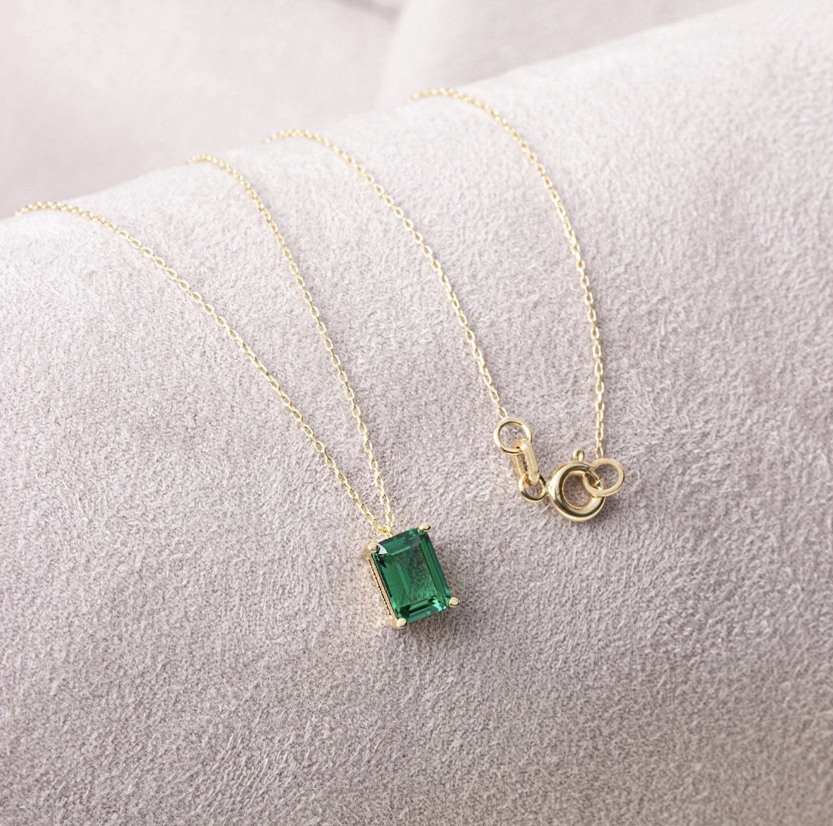 Emerald Rectangle Necklace 14K Solid White Gold, 16in (40cm) Chain Length